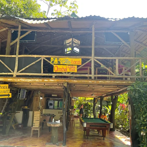 Los Gatos Locos' two-level open-air treehouse restaurant with pool table and foosball