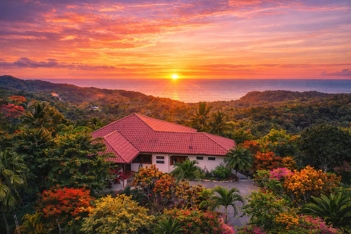 Aerial view of Casa Cascada surrounded by jungle with the Pacific Ocean and a dramatic sunset in the background