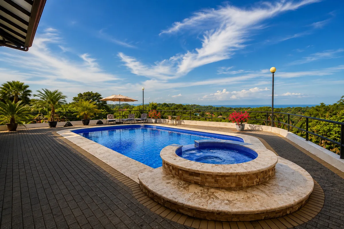 Casa Cascada's pool and jacuzzi deck under a bright blue sky with jungle and ocean views beyond