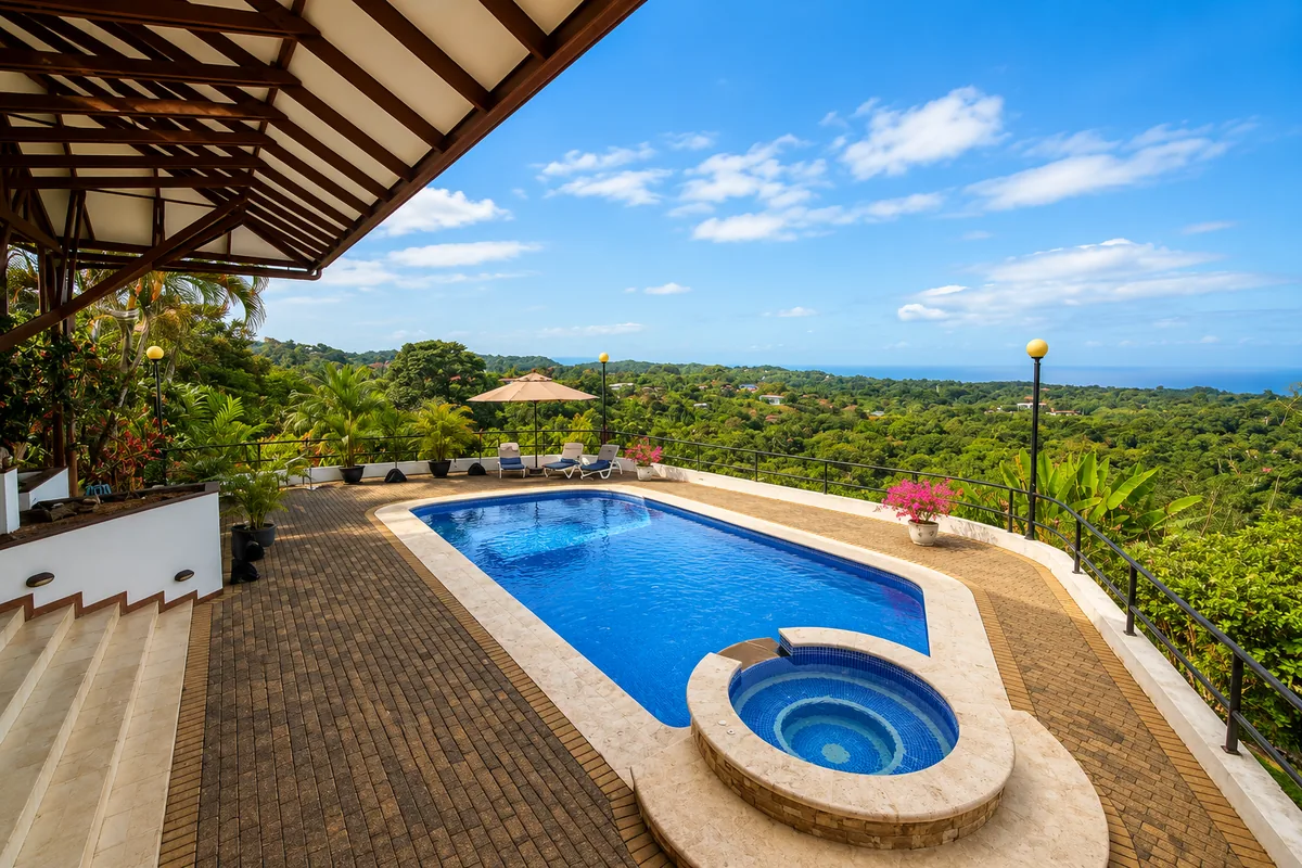 Casa Cascada's pool and jacuzzi with the Pacific Ocean horizon beyond, framed by jungle