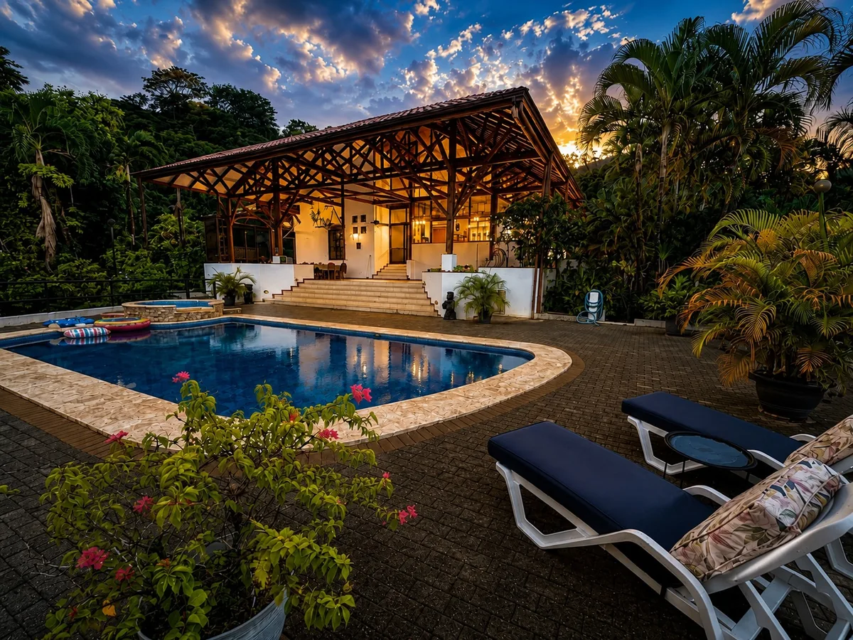 Casa Cascada's pool glowing at twilight beneath the covered terrace, with the jungle silhouetted beyond