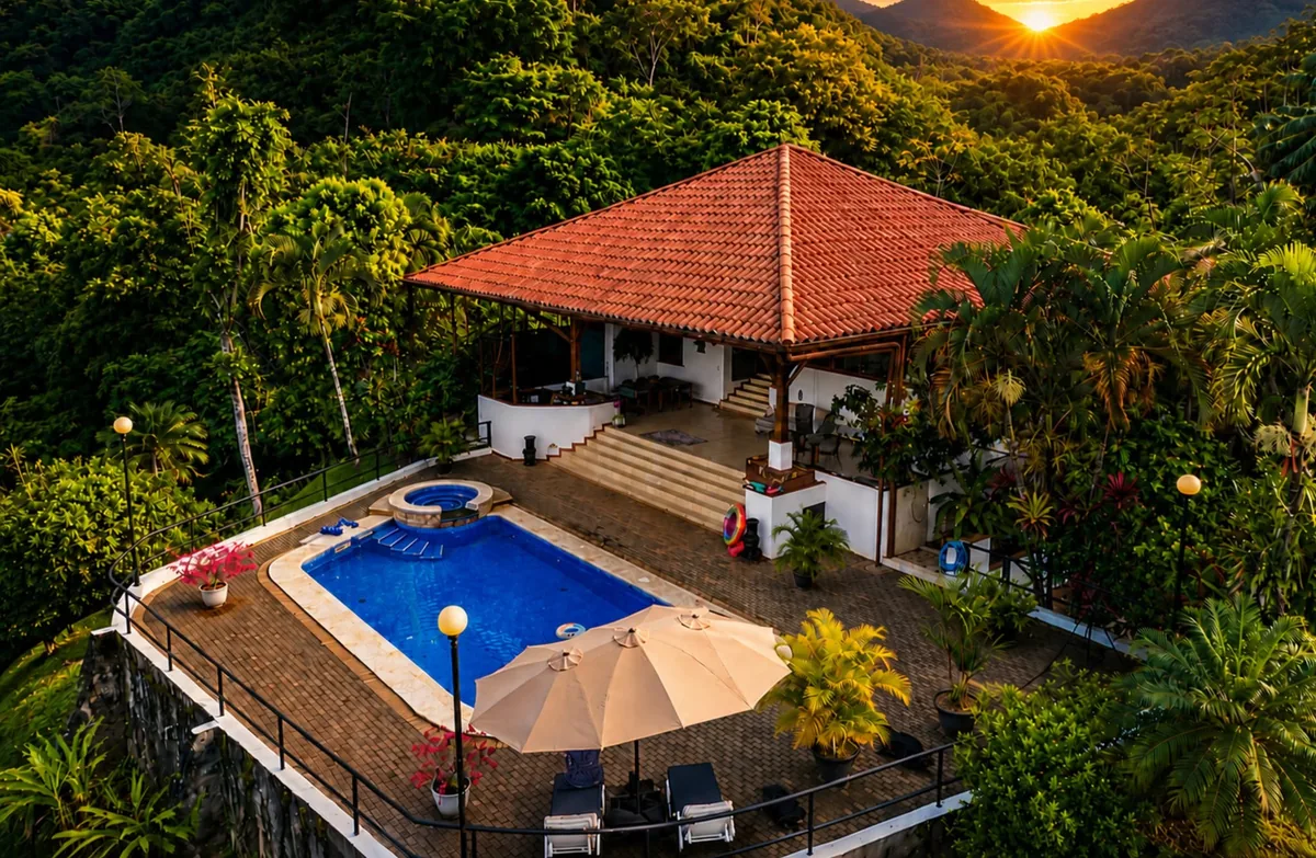 Aerial view of Casa Cascada nestled in the jungle at golden hour, pool and jacuzzi in the foreground with the sun setting between distant mountains