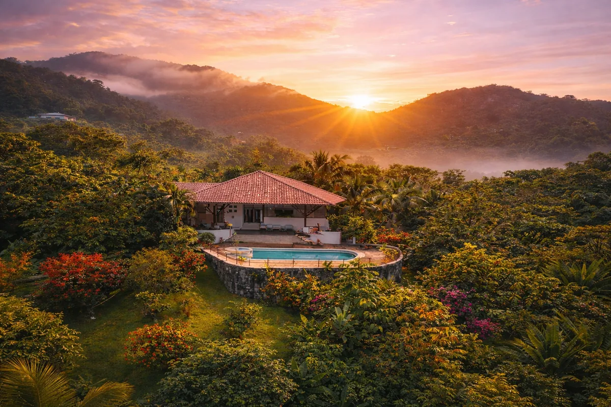 Misty aerial view of the jungle-covered hills above Ojochal, Costa Rica at sunrise